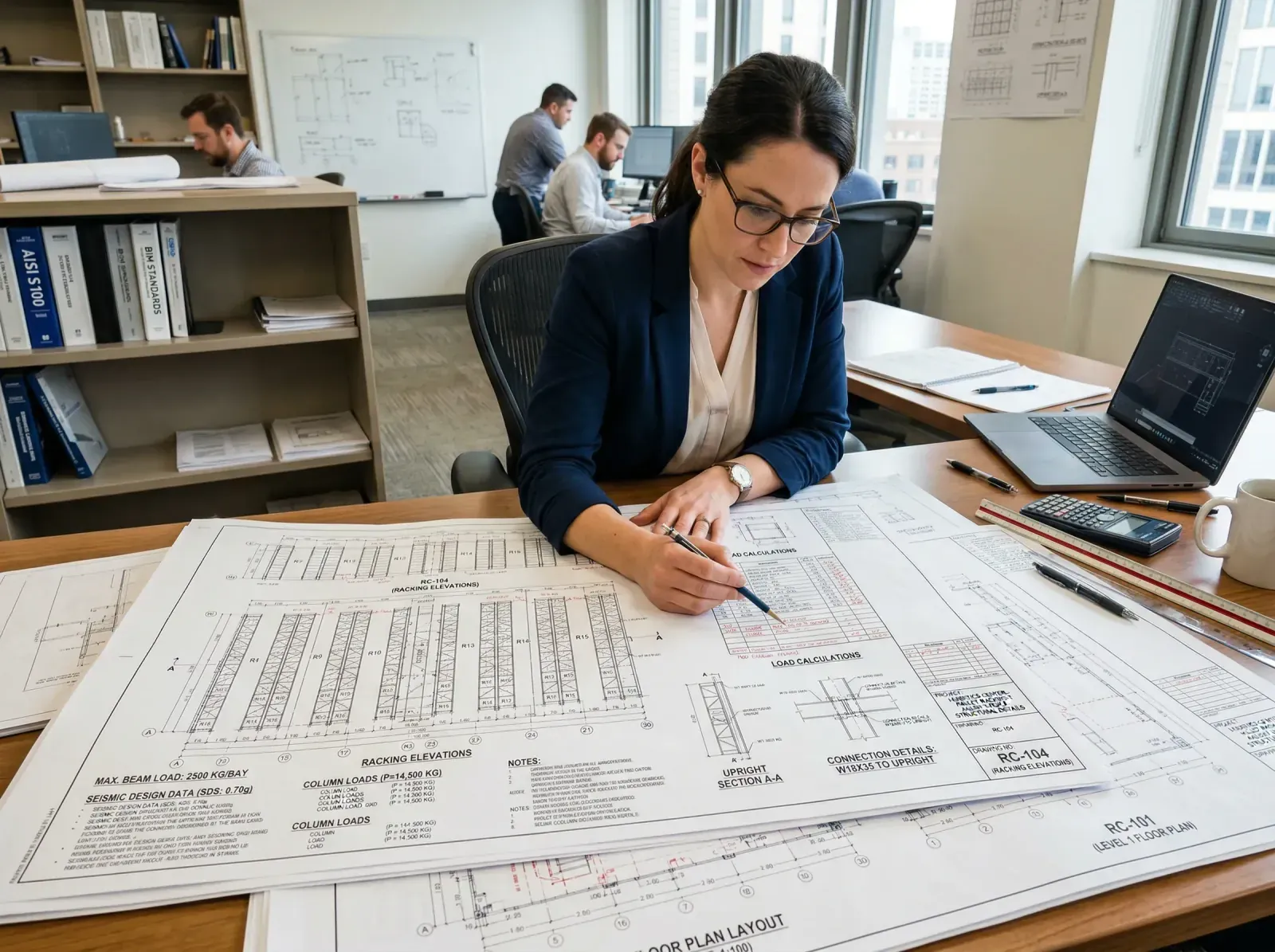 Structural engineer reviewing pallet racking blueprints and permit drawings in Baltimore, MD