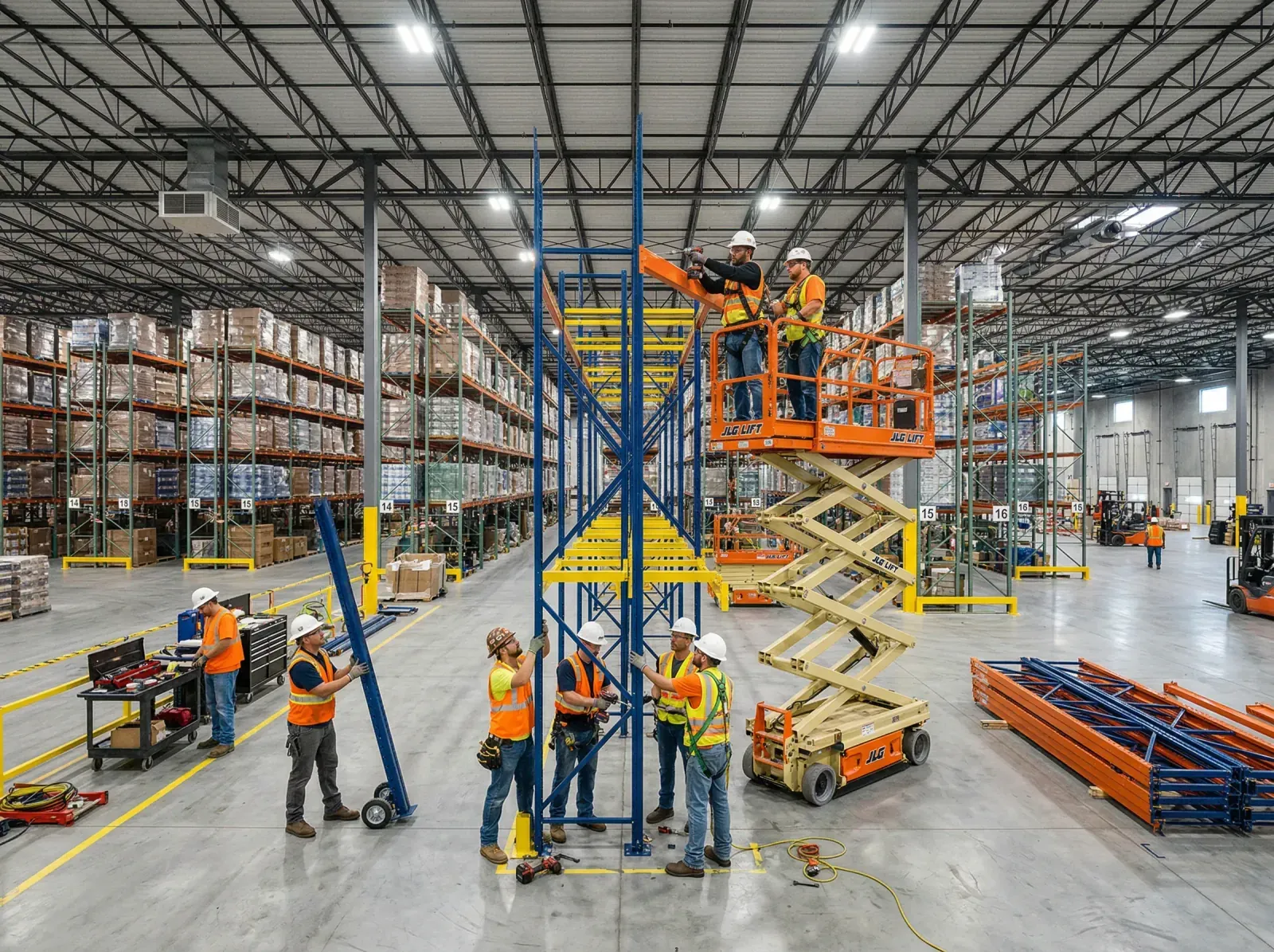 Pallet racking installation crew assembling rack systems in a Baltimore, MD warehouse