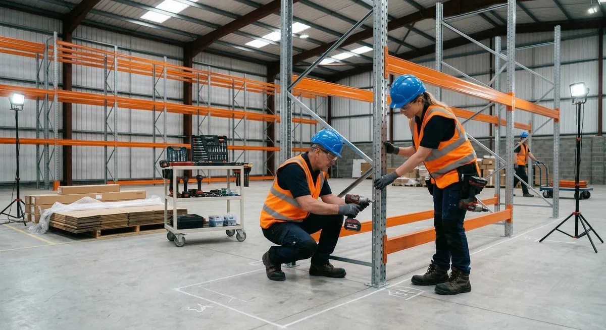 Pallet racking installation crew assembling selective rack system in a Baltimore area warehouse