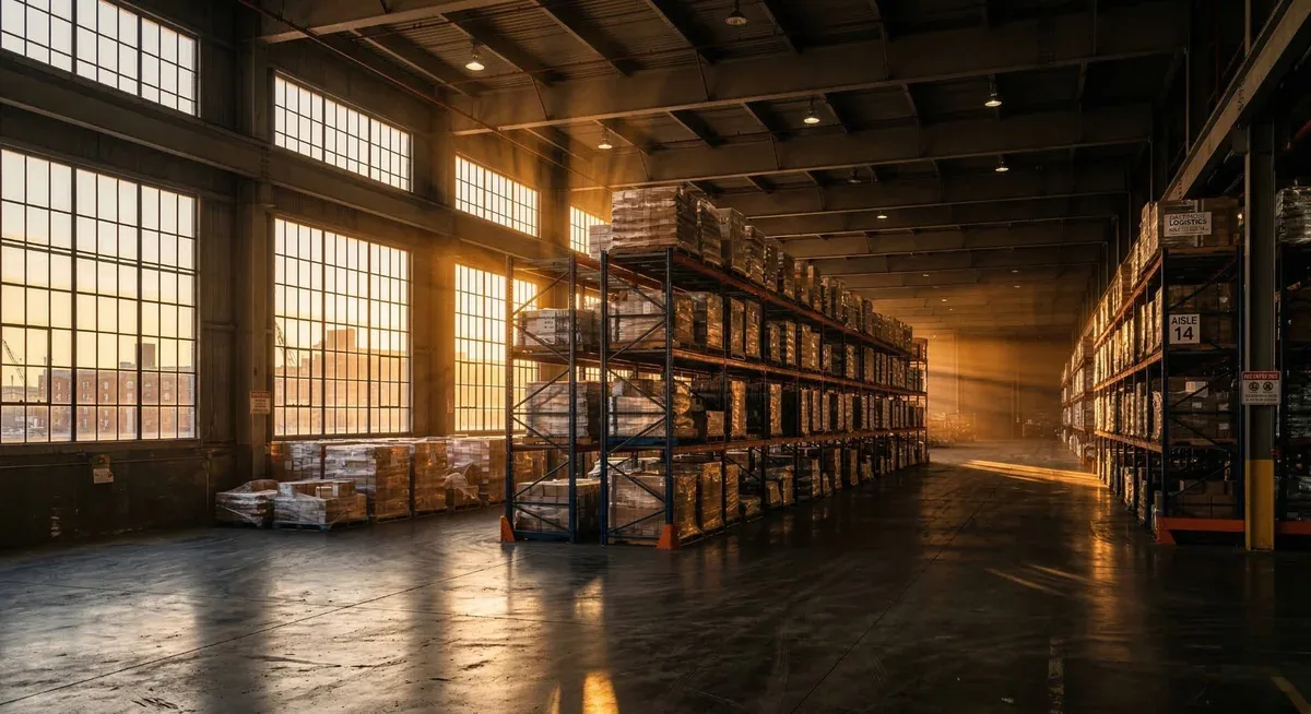 Pallet racking warehouse with golden light in Baltimore Maryland